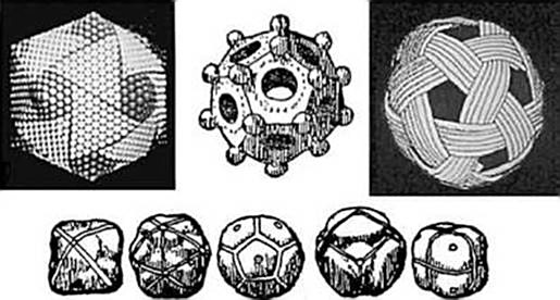 Figure 4 — Hand-held geometric artifacts including virus model, bronze figure, and reed healing sphere